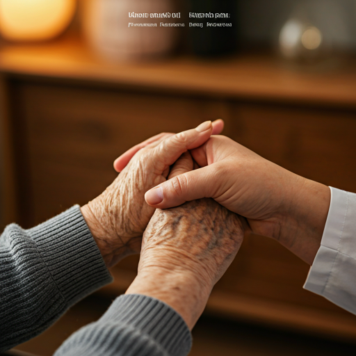Profissional segurando as mãos de uma residente em um momento de cuidado próximo e acolhedor.